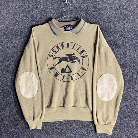 Schooling Sweats Polo Collar Crewneck Equestrian 90s Womens M Suede Elbow Pads - Picture 1 of 11